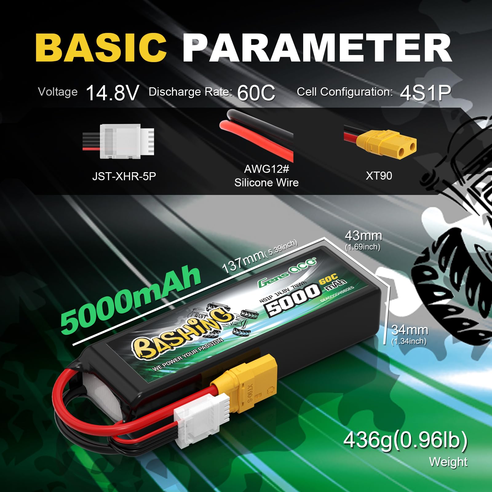 Gens ace 4S LiPo 5000mAh 14,8V 60C Batería con Conector XT90 para Helicópteros RC, Coches RC, Camiones, Barcos y vehículos RC a Escala 1/8 y 1/10