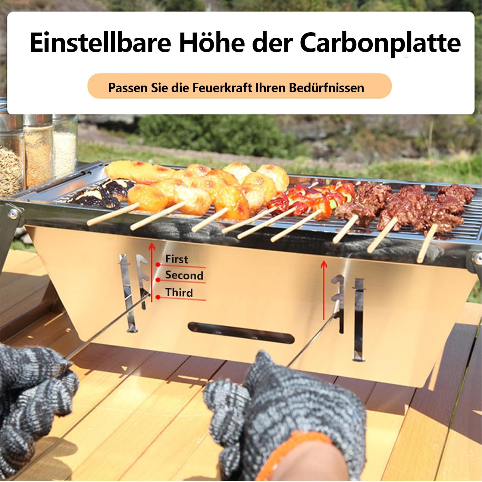 Barbecue au charbon de bois, portable, pliable, en acier inoxydable, mini barbecue réglable pour l'extérieur, le camping, la terrasse, le barbecue, les fêtes - Argenté (17,13" x 8,86" x 1,57")