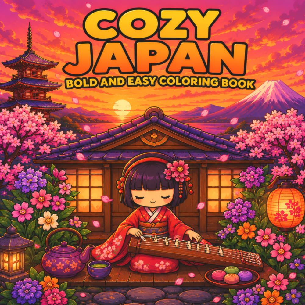 Cozy Japan Bold and Easy Coloring Book: Cute Japanese Inspired Designs with Relaxing Scenes & Zen Moments