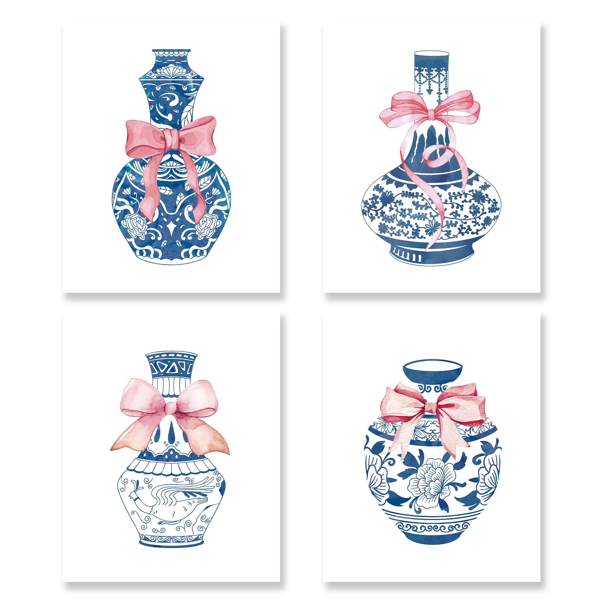 KSDUT Coquette Preppy Wall Decor Art Set of 4 - Trendy Blue and White Porcelain Artwork Poster Prints Chinoiserie Vase Wall Decor for Girls Dorm Home Bedroom Decorations - 8"x10" Unframed
