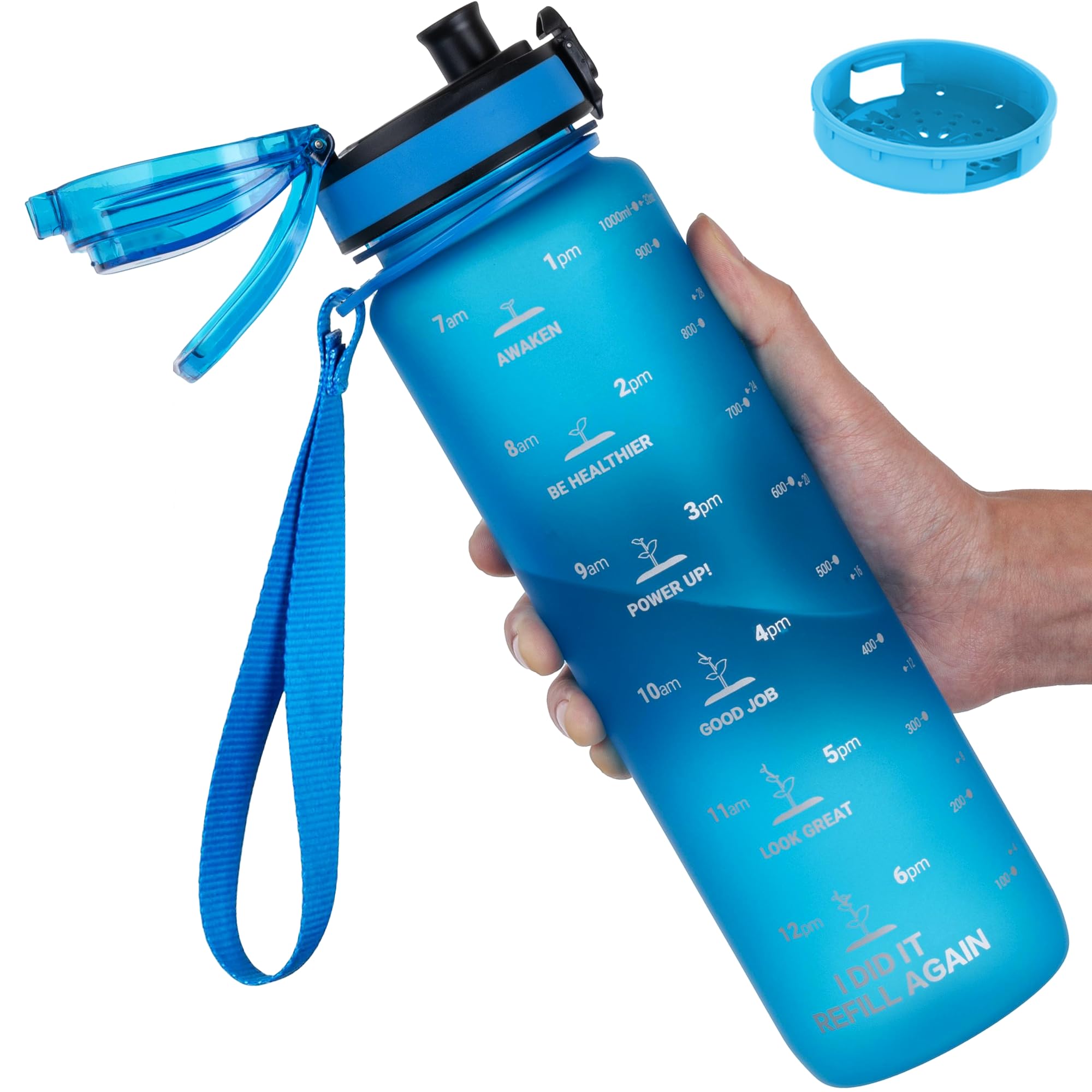 GOPPUS 1L/32oz Tritan Water Bottle (No Straw)-Soft Matte Finish Drink Bottle with Measurements Bottles with Lockable Flip Top Motivational Bottles with Time Marks for Adults BPA Free (Blue)