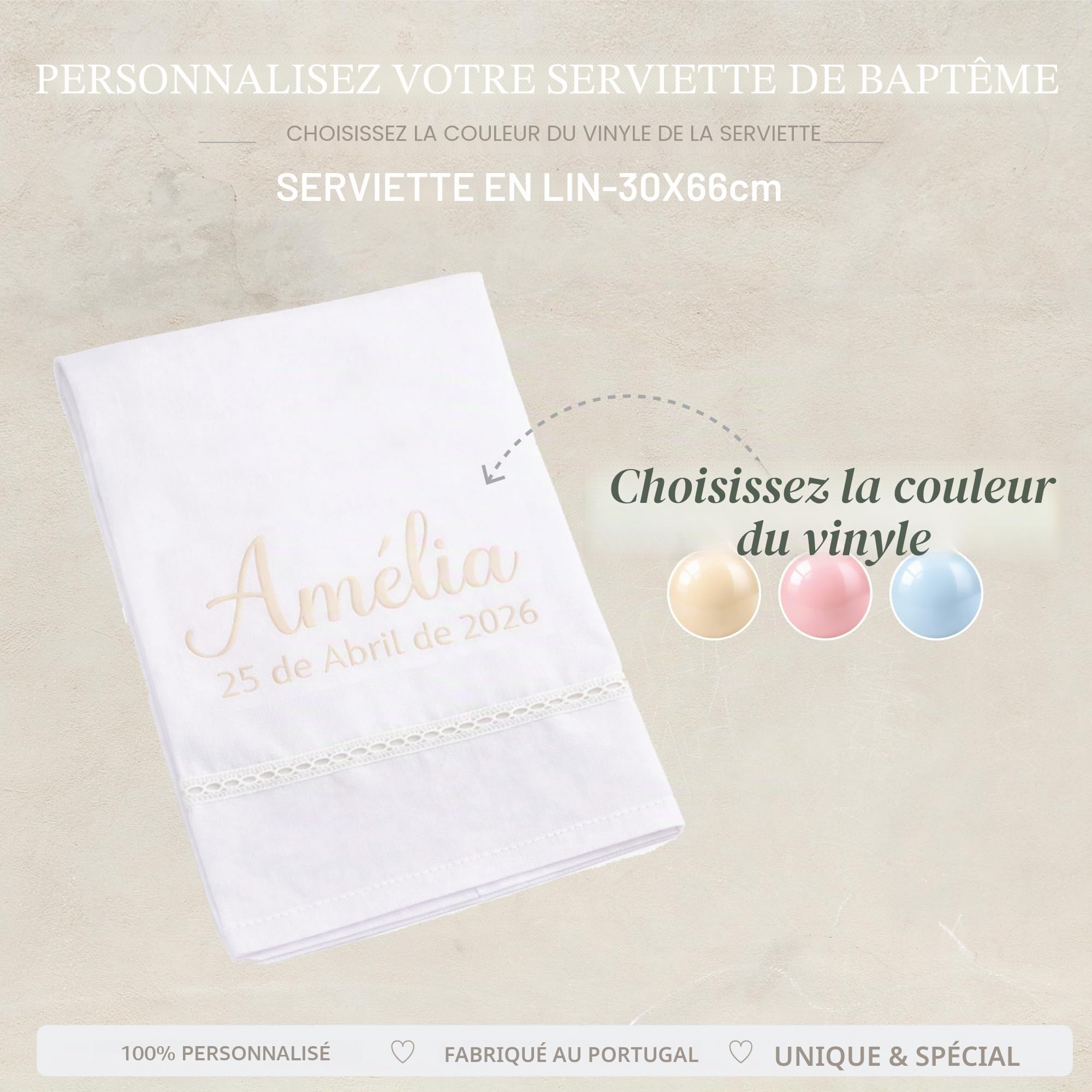 Kit de Baptême Personnalisé Bébé – Coffret Baptême avec Prénom et Date – Bougie, Serviette en Lin, Coquille Baptême – Cadeau Baptême Fille Garçon