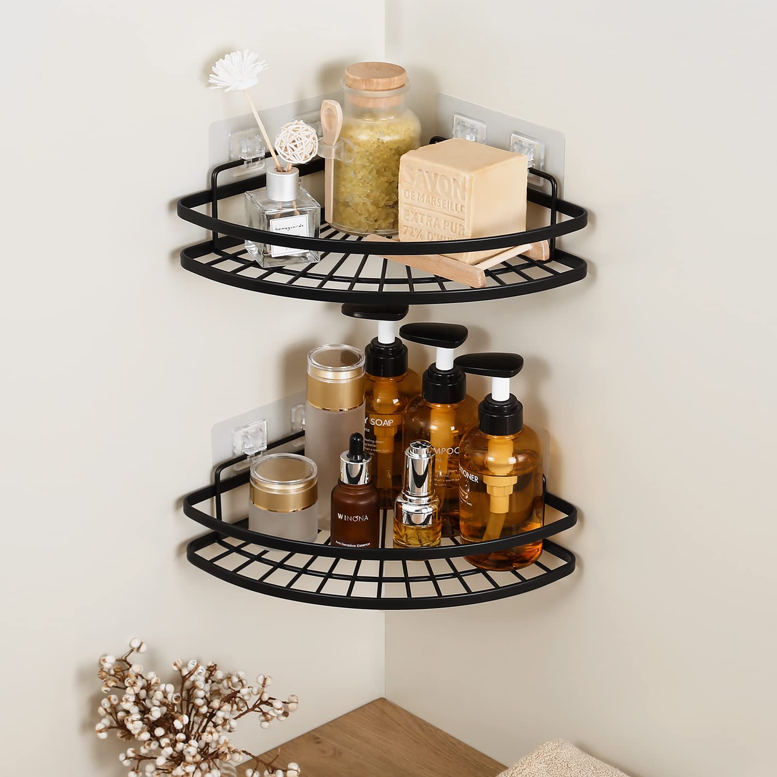 KES Shower Caddy Corner Self-Adhesive Shower Corner Shelf Stainless Steel Shower Organizer Matte Black 2 Pack BSC219DF-BK-P2