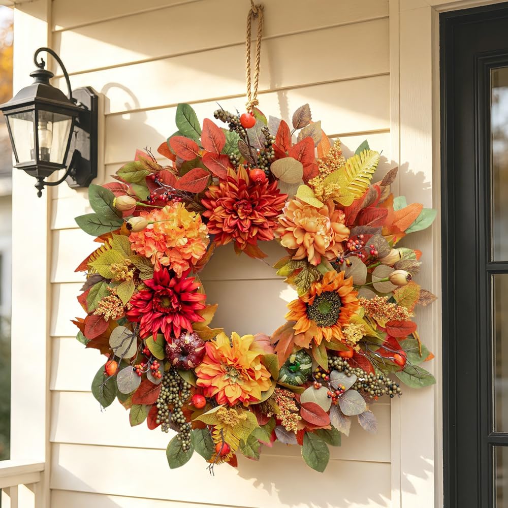 Fall Wreath for Front Door, Artificial Harvest Festival Wreath