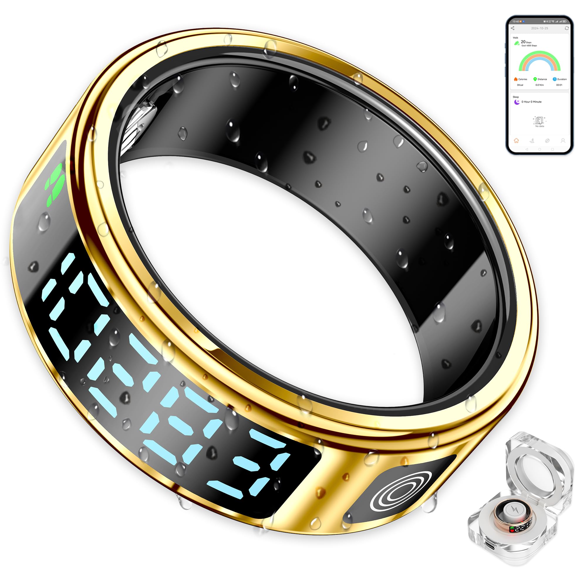 DEERLET Smart Ring Health Tracker with Display for Women Men - German Chip,Ultra Light,Ultrathin,Free Charging case,iOS/Android/Fitness/Heart Rate/