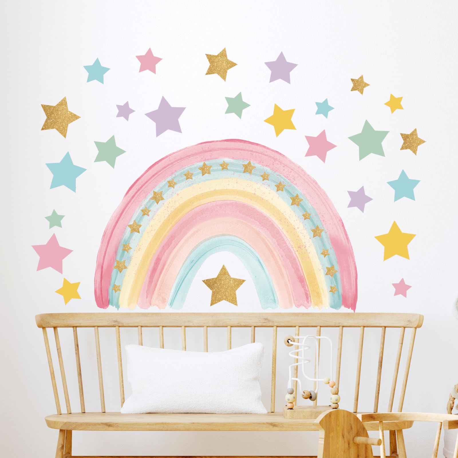 Tanlaby Large Rainbow Wall Stickers Boho Rainbow Wall Decal Colorful Stars Vinyl Wall Art Sticker for Girls' Room Kids Baby Nursery Bedroom Living Room Playroom Classroom Wall Decor - Image 2