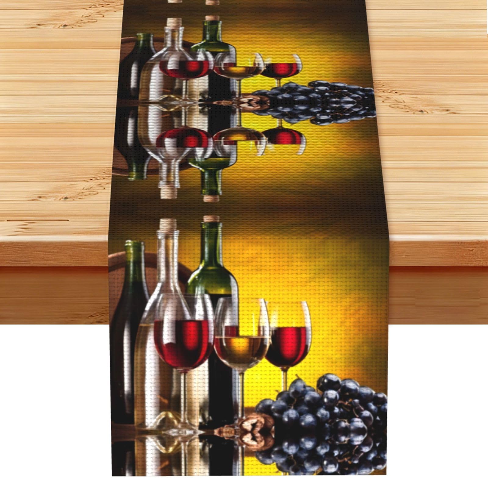 Grapes Wine Bottles and Drink Linen Feel Table Runner Wedding Party Home Decoration