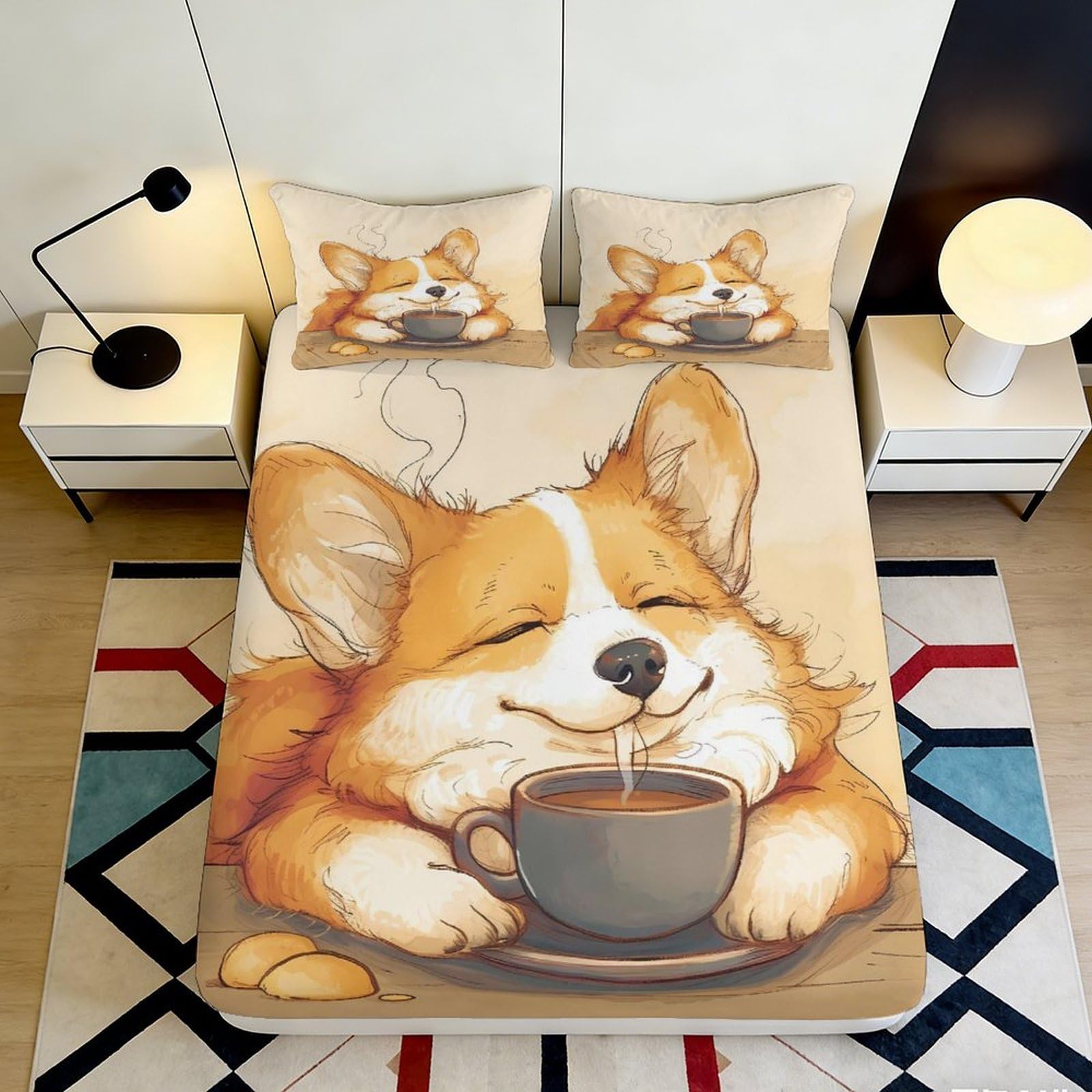 3D Printed Cute Corgi Coffee Fitted Sheet Microfiber Anti-Slip Easy Care Bed Sheet for Bedroom Guest Room Decor 200x200x25cm