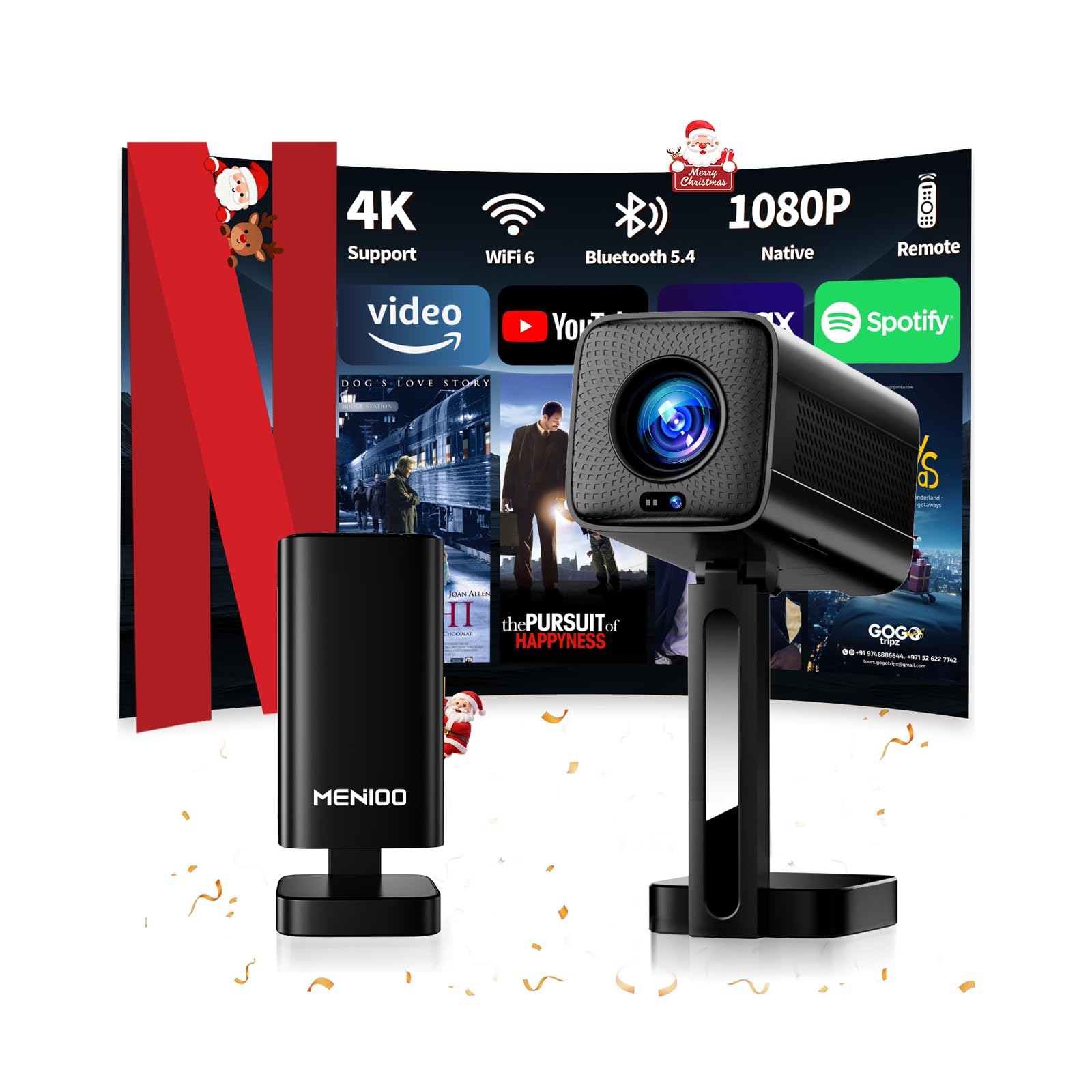 [2026 Upgraded & Apps Integrate] Proiettore 4K Support 1080P & Auto Focus/Keystone e Rotabile 90°, Mini Proiettore con WiFi 6 e Bluetooth 5.4 Compatibile con HDMI/TV Stick/Memory Stick/Laptop - Nero