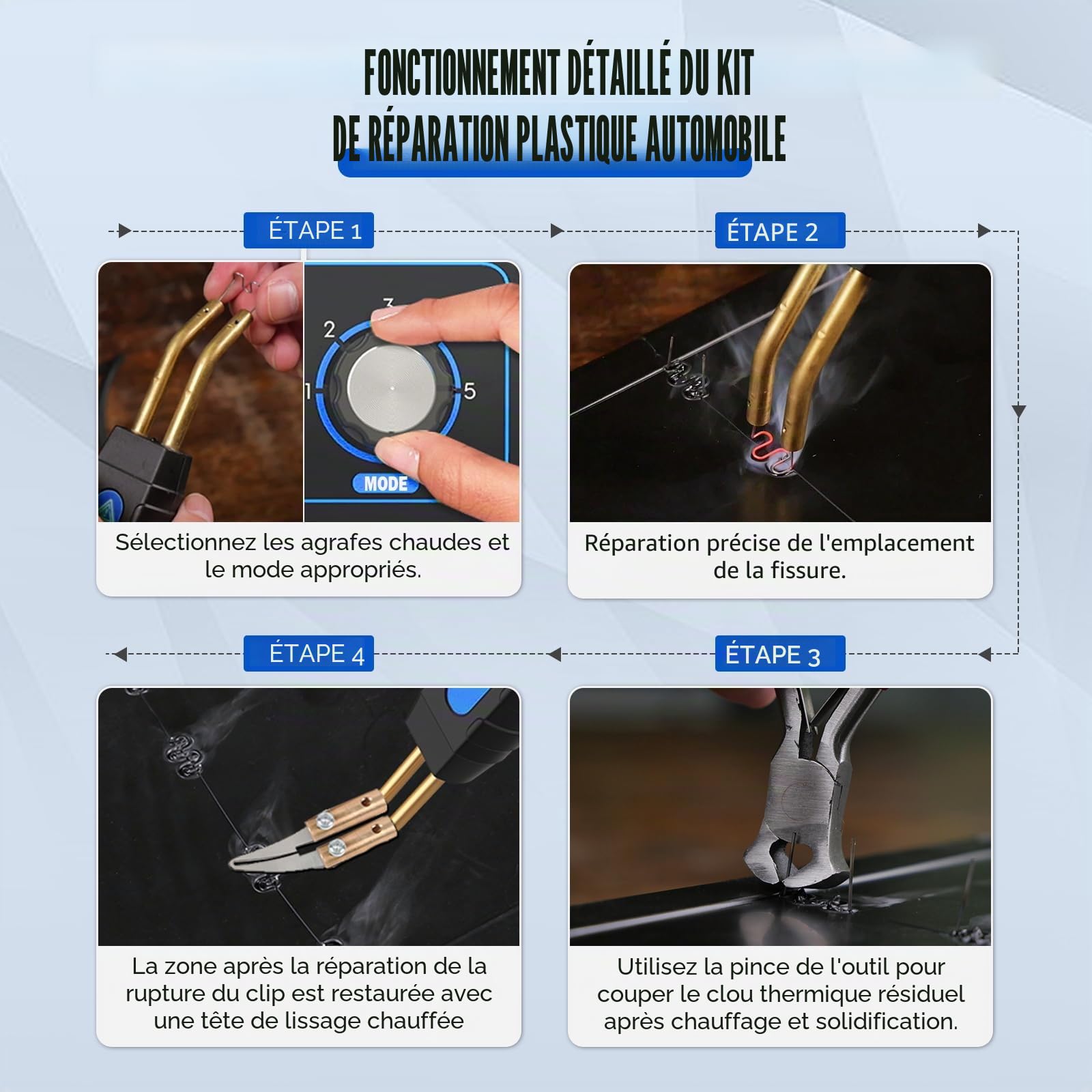 Kit de soudage plastique, machine de soudage plastique 220 V avec 600 agrafes chaudes, kit de réparation de pare-chocs de voiture avec puissance réglable à 5 niveaux