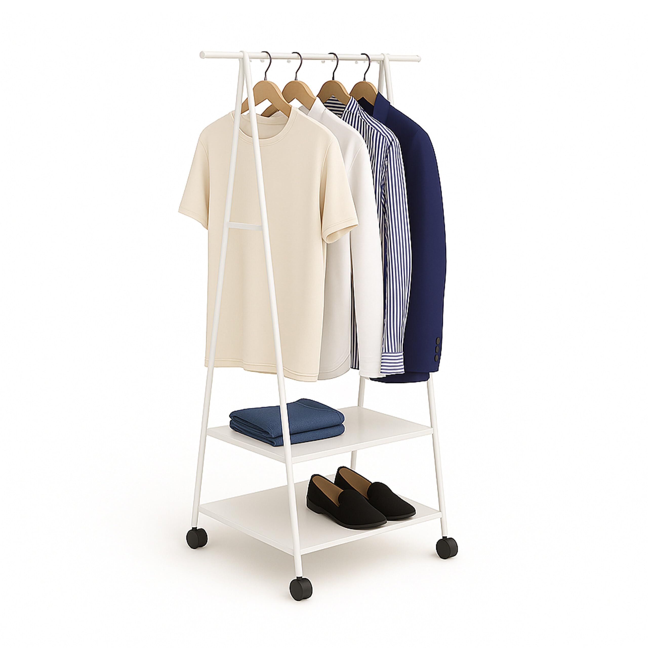 Relaxdays clothes rack, with wheels & 2 shelves, HxWxD: 160 x 55 x 42 cm, metal, fabric, garment rack, white
