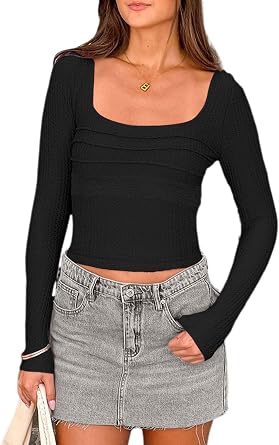 Halfword Womens Long Sleeve Tops Square Neck Waffle Knit Shirts Backless Tie Up Casual Basic Tees Sexy Clothes Fall Outfits