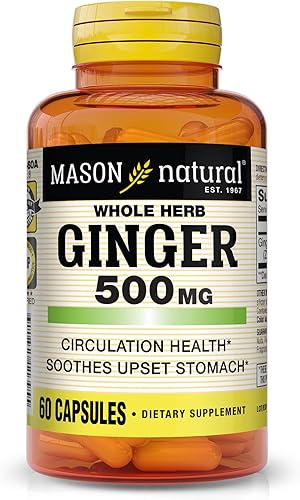 MASON NATURAL Hierba entera jengibre 500 mg, suministro de 2 meses, suplemento herbario natural, 60 cápsulas