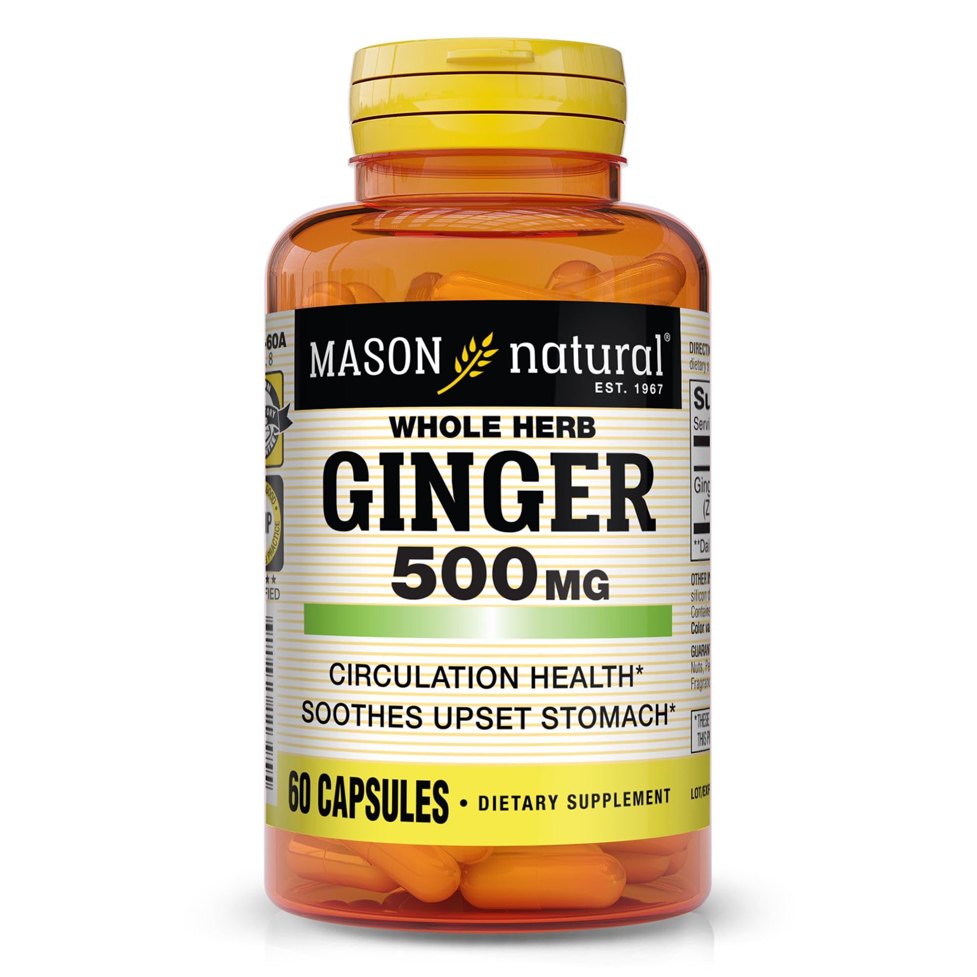 MASON NATURAL Whole Herb Ginger 500 mg 2 Month Supply Natural Herbal Supplement 60 Capsules