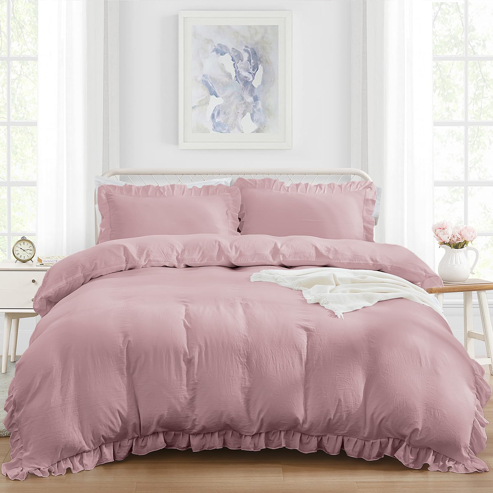 King Duvet Cover Set Pink Ruffle Duvet Cover with 2 Pillowcase Soft Microfiber Bed Set Bedding Set for All Season 220x230 cm — image 1