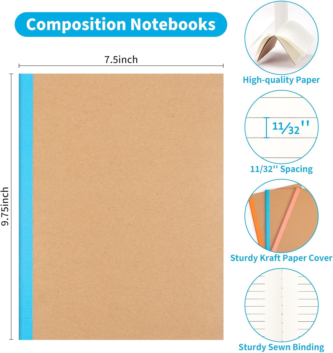48 Pack Lined Notebook Journals Bulk, 7-1/2" x 9-3/4", Wide Ruled Paper, 30 Sheets/60 Pages, Kraft Cover with Rainbow Spines, 12 Colors Lined Composition Notebook Journal for Work Study Note Taking