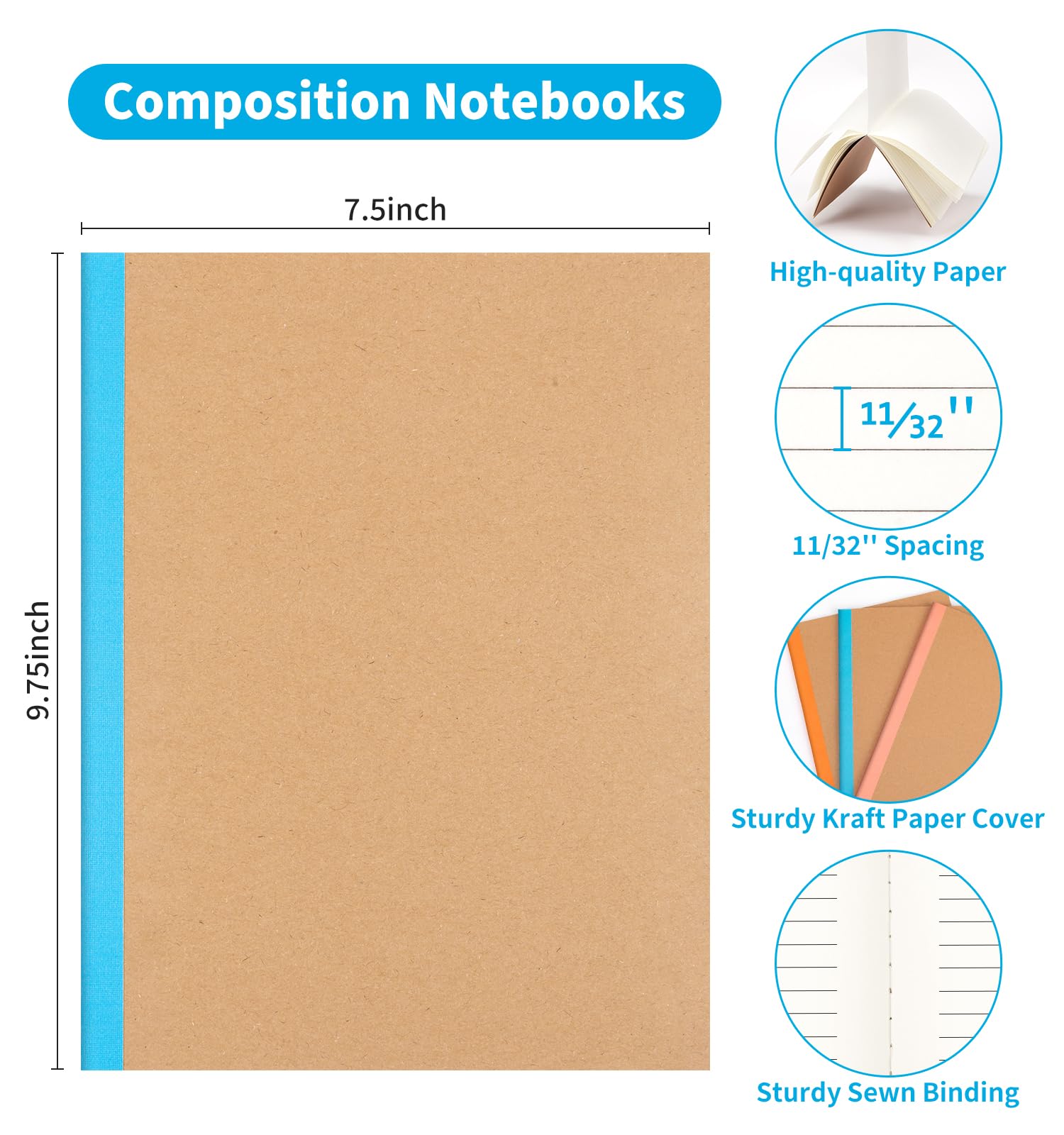 Paquete de 48 cuadernos rayados a granel, 7-1/2 x 9-3/4 pulgadas, papel rayado ancho, 30 hojas/60 páginas, cubierta kraft con lomos arcoíris, cuaderno de composición rayado de 12 colores para el