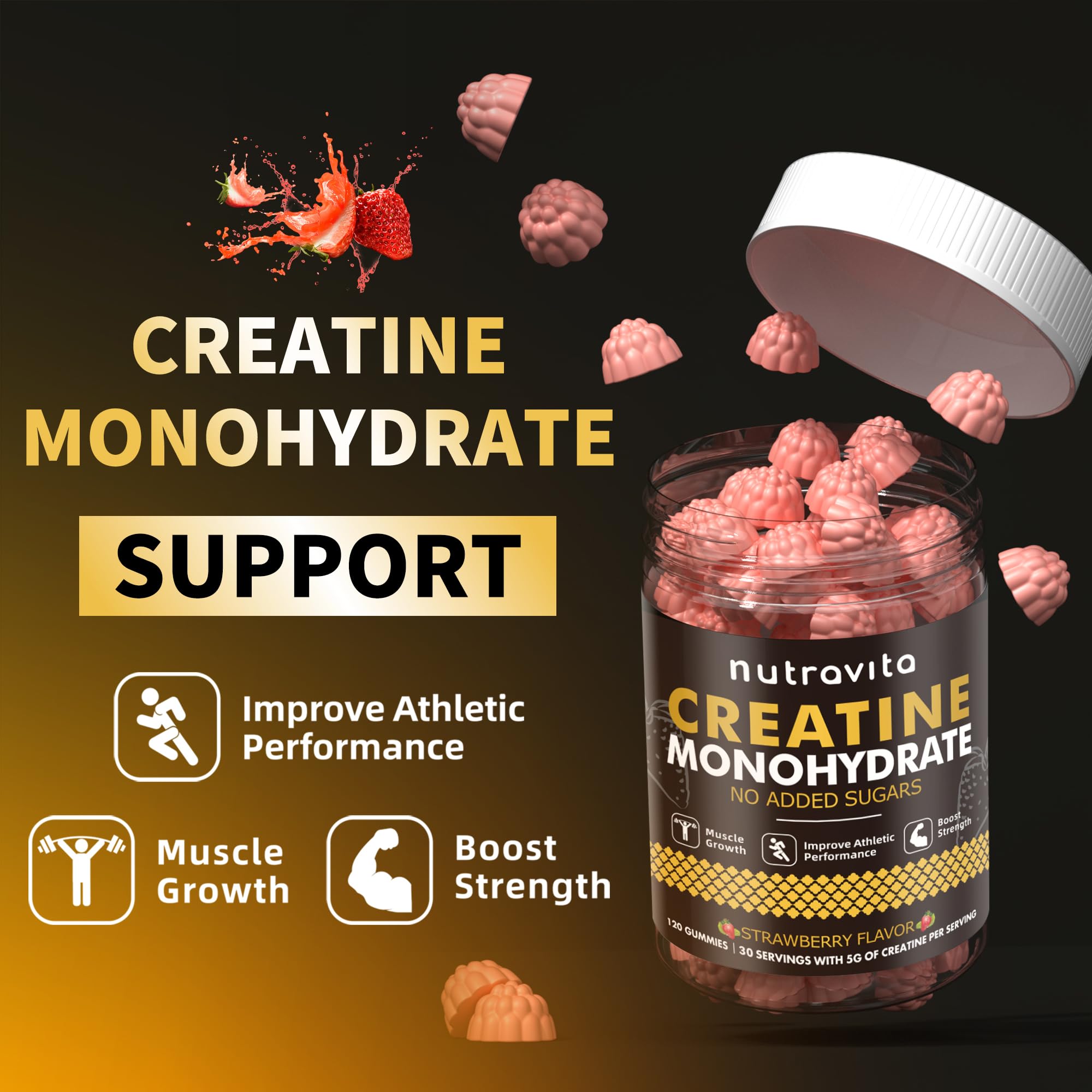 Creatine Monohydrate Gummies for Men & Women-5g of Creatine Monohydrate per Serving - Sugar Free,Vegan, Strawberry Flavor, 120 Count
