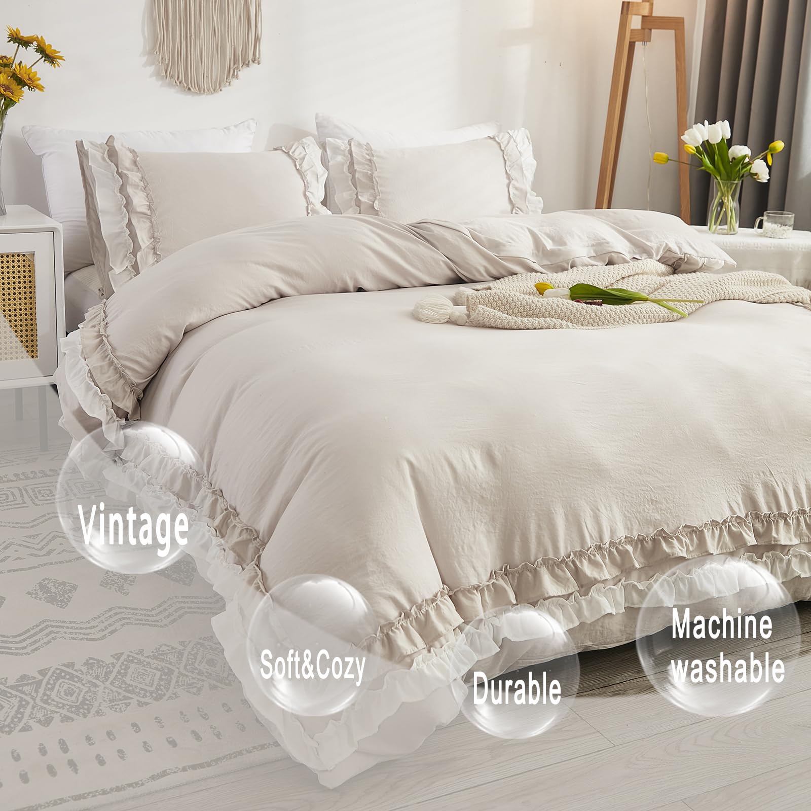 Herside Beige grijze dekbedovertrekset, kingsize beddengoed met ruches, chique, 2-laags schattig ruchesontwerp, boho boerderij beddengoedsets, 1 dekbedovertrek en 2 kussenslopen (beige, kingsize