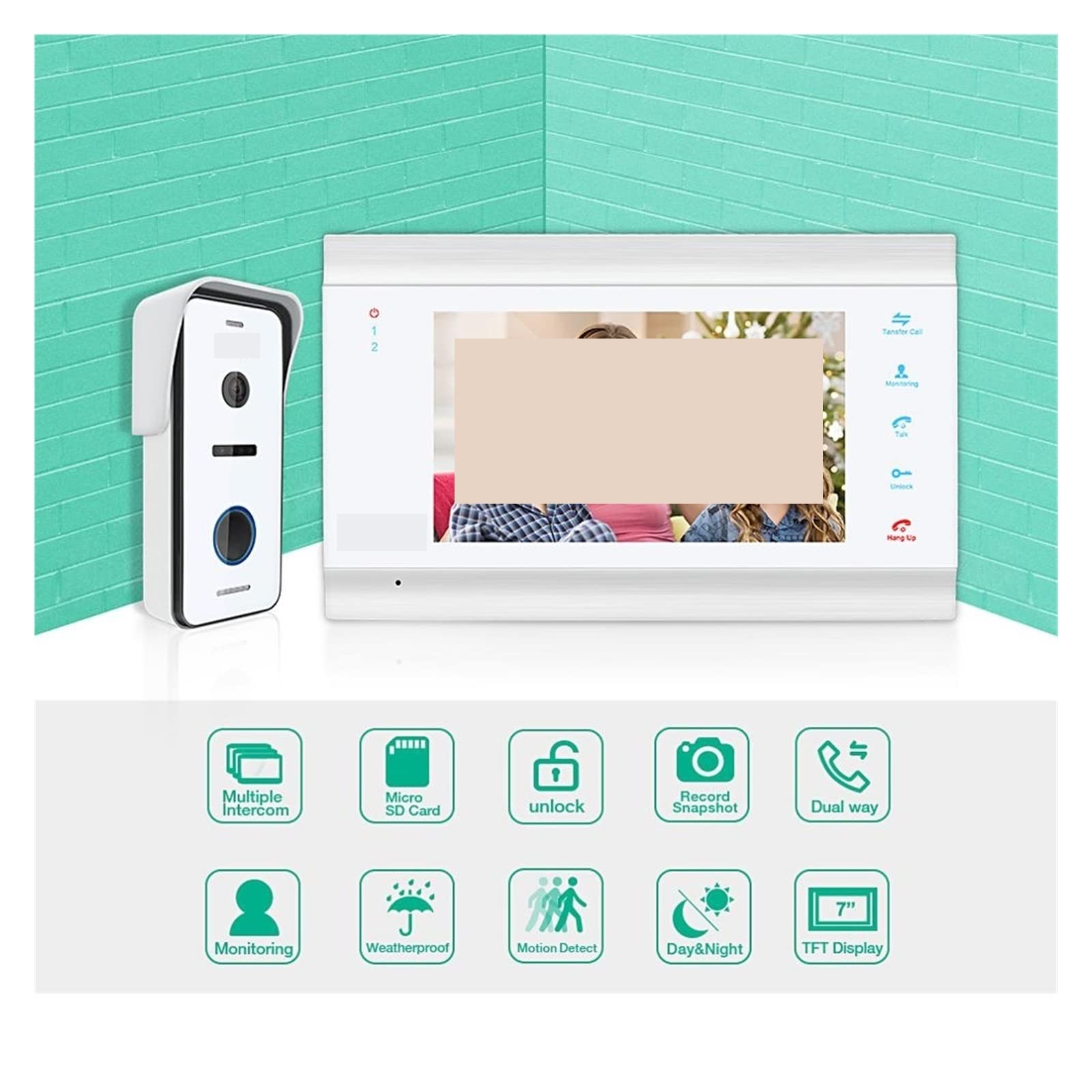 Videoportero con cámara de alta definición, Sistema de intercomunicación de videoportero HD1080P de 7 pulgadas con desbloqueo de soporte de cámara de timbre con cable de alta definición Audio claro, F
