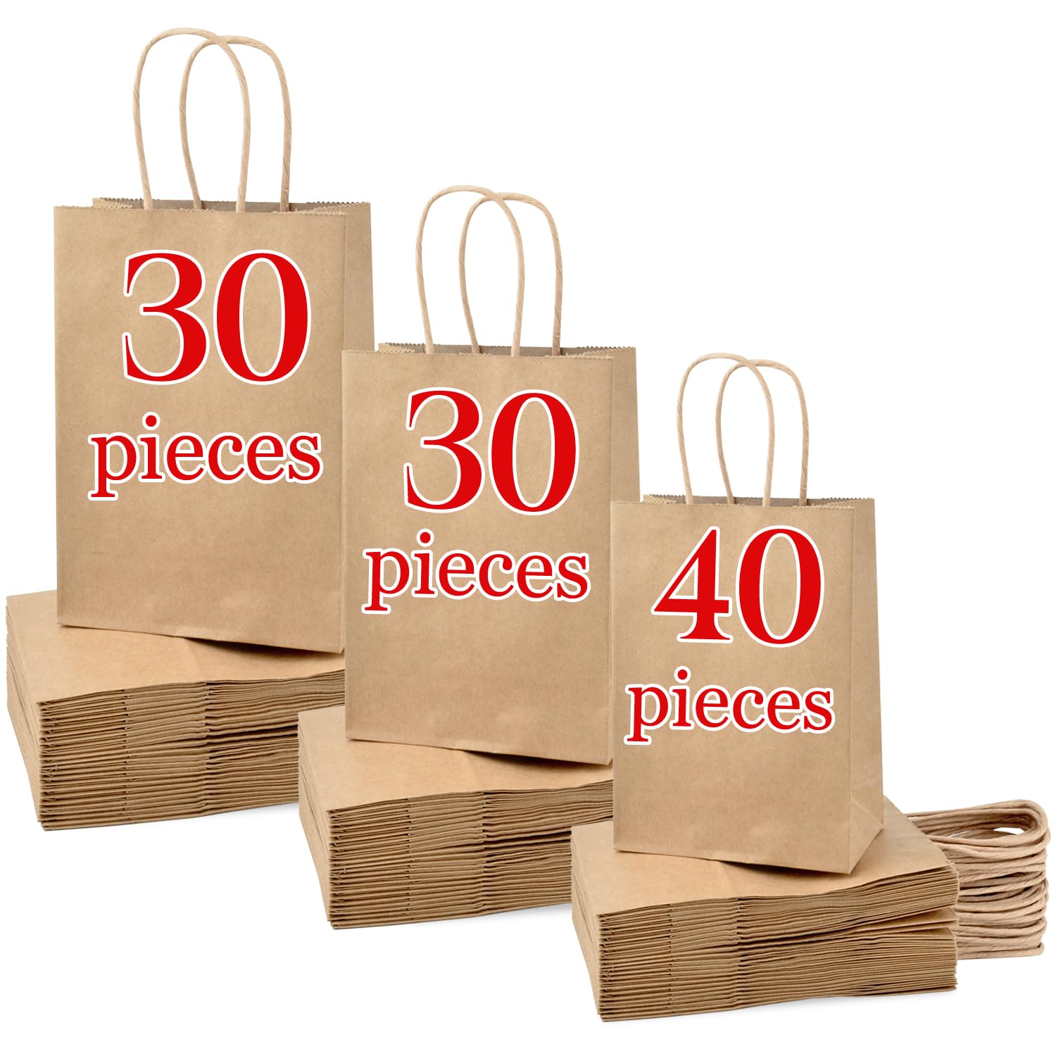 MAOOY 100pcs Brown Kraft Paper Bags with Handles, Mixed Size Eco-Friendly Gift Bags for Shopping, Birthday Party (Large-30pcs, Medium-30pcs, Small-40pcs)