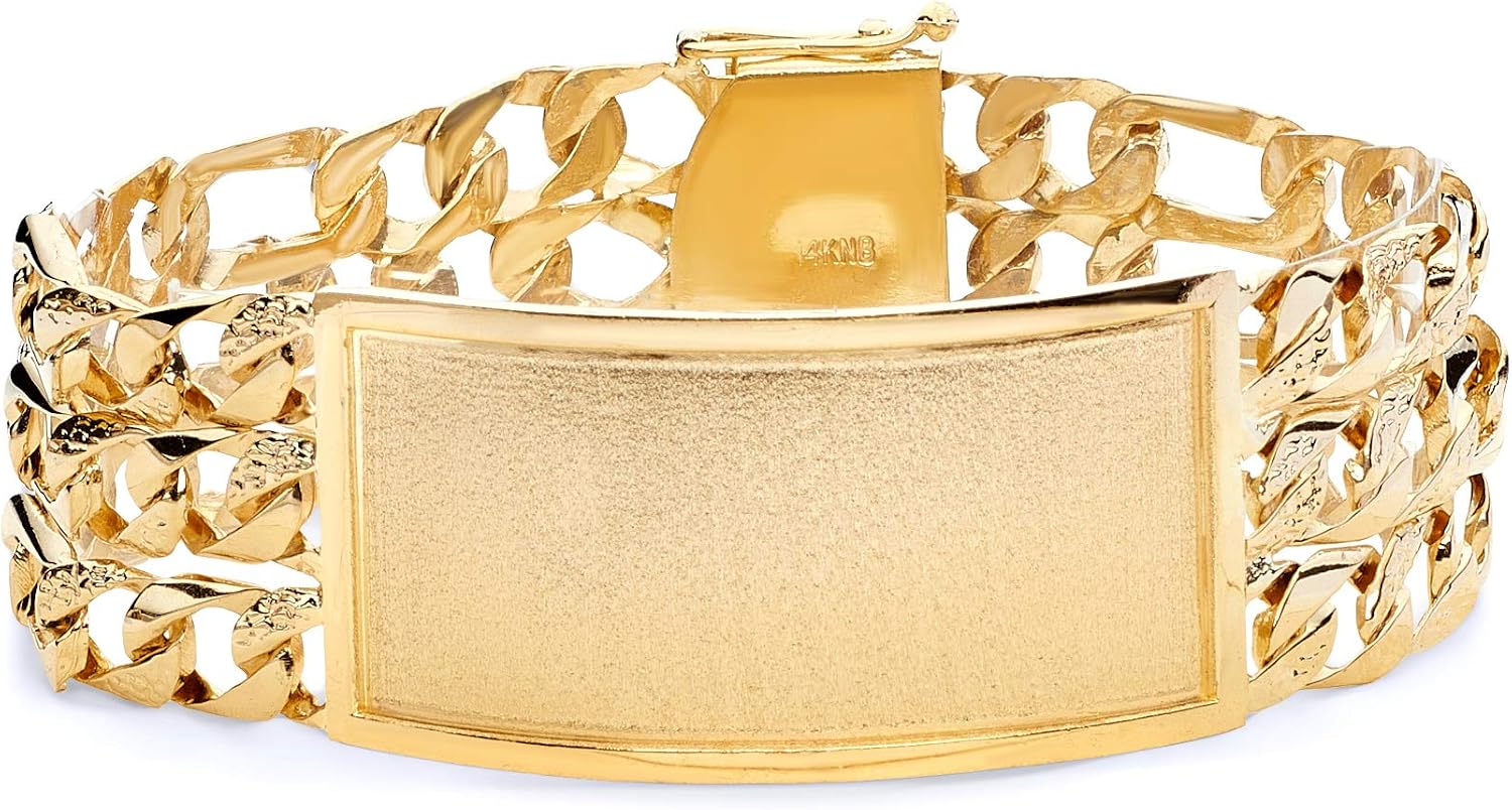 14k REAL Yellow Gold Men's 3 Line Nugget Figaro Link ID Bracelet - 9"