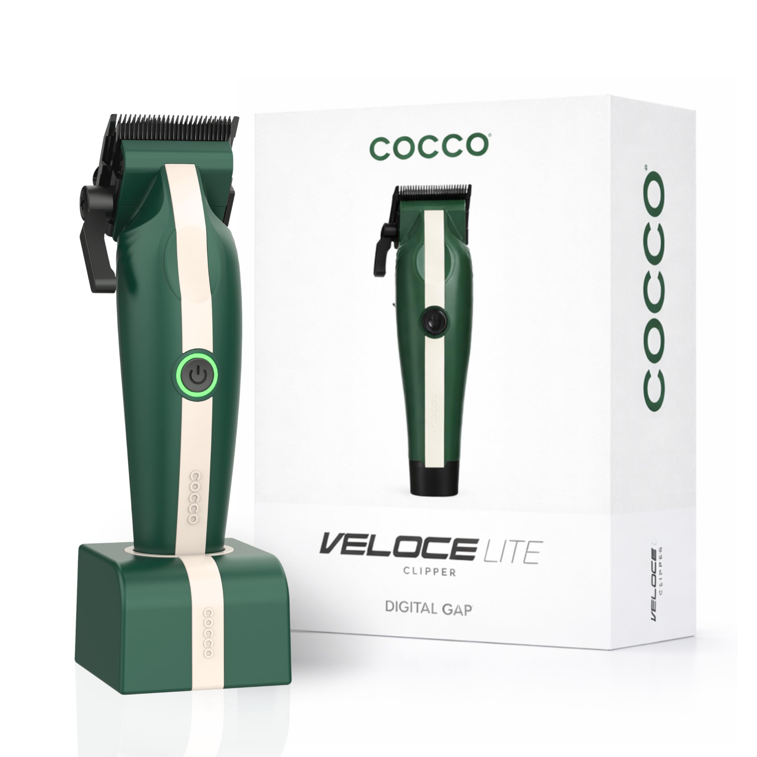 Cocco Veloce Lite - Tagliacapelli professionale per barbieri, lama F1 di precisione Digital Gap™, 7000 giri/min, ricarica rapida USB-C, durata di 3 ore, tagliacapelli da uomo (verde e bianco)