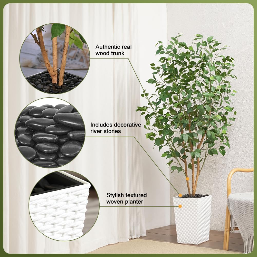 6ft Artificial Ficus Tree-Tall Faux Tree with Pebbles & Planter UV Resistant Potted Fake Plant with Silk Leaves & Real Wood Trunk-Indoor Outdoor Floor Plant for Home,Living Room,VN129 - Image 2