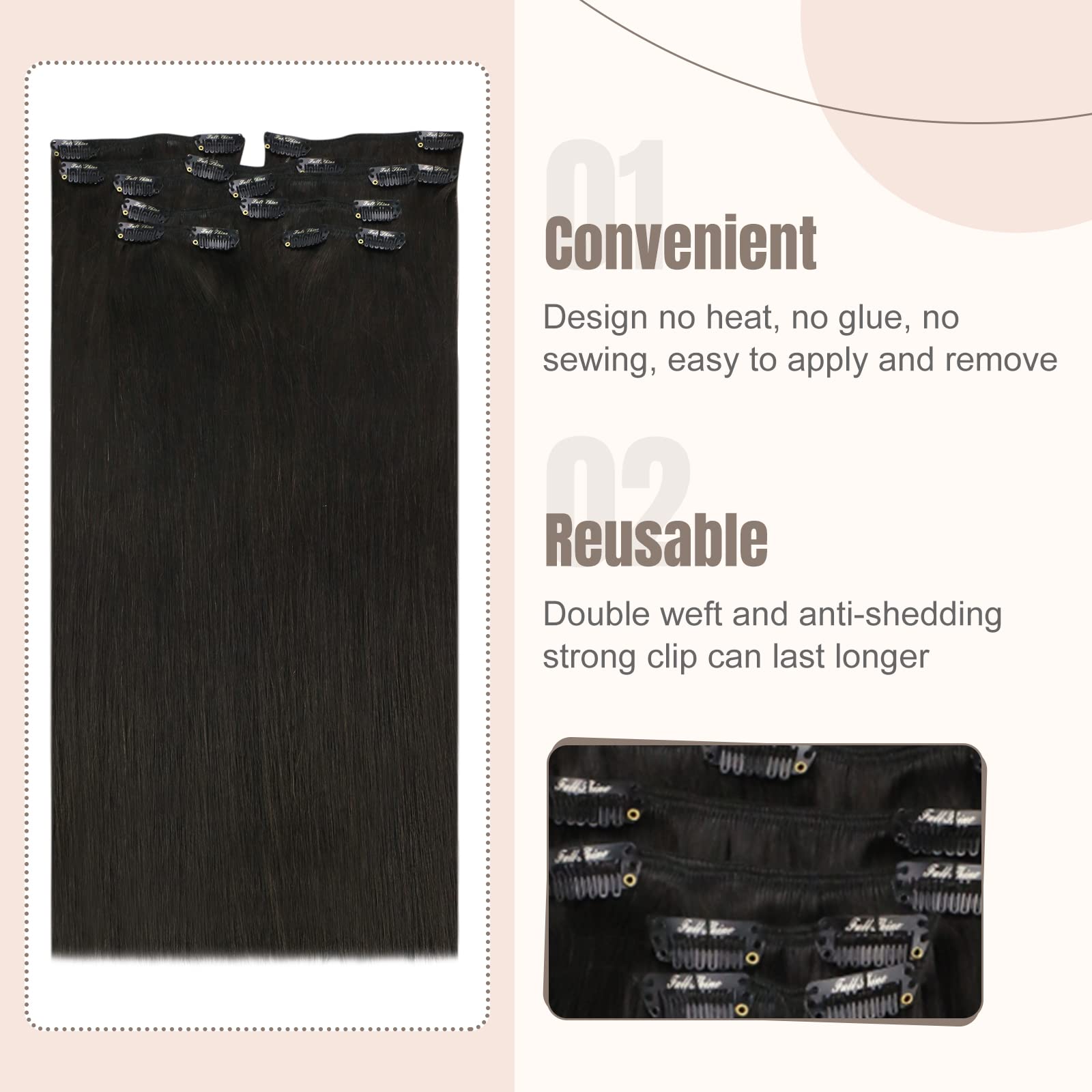 Fshine Clip Extension Capelli Veri 120g 35CM Extension Clip in Capelli Extension Lisci Capelli Colore Nero Naturale Hair Extensions 7 Pezzi Double Weft Clip in Human Hair Extension