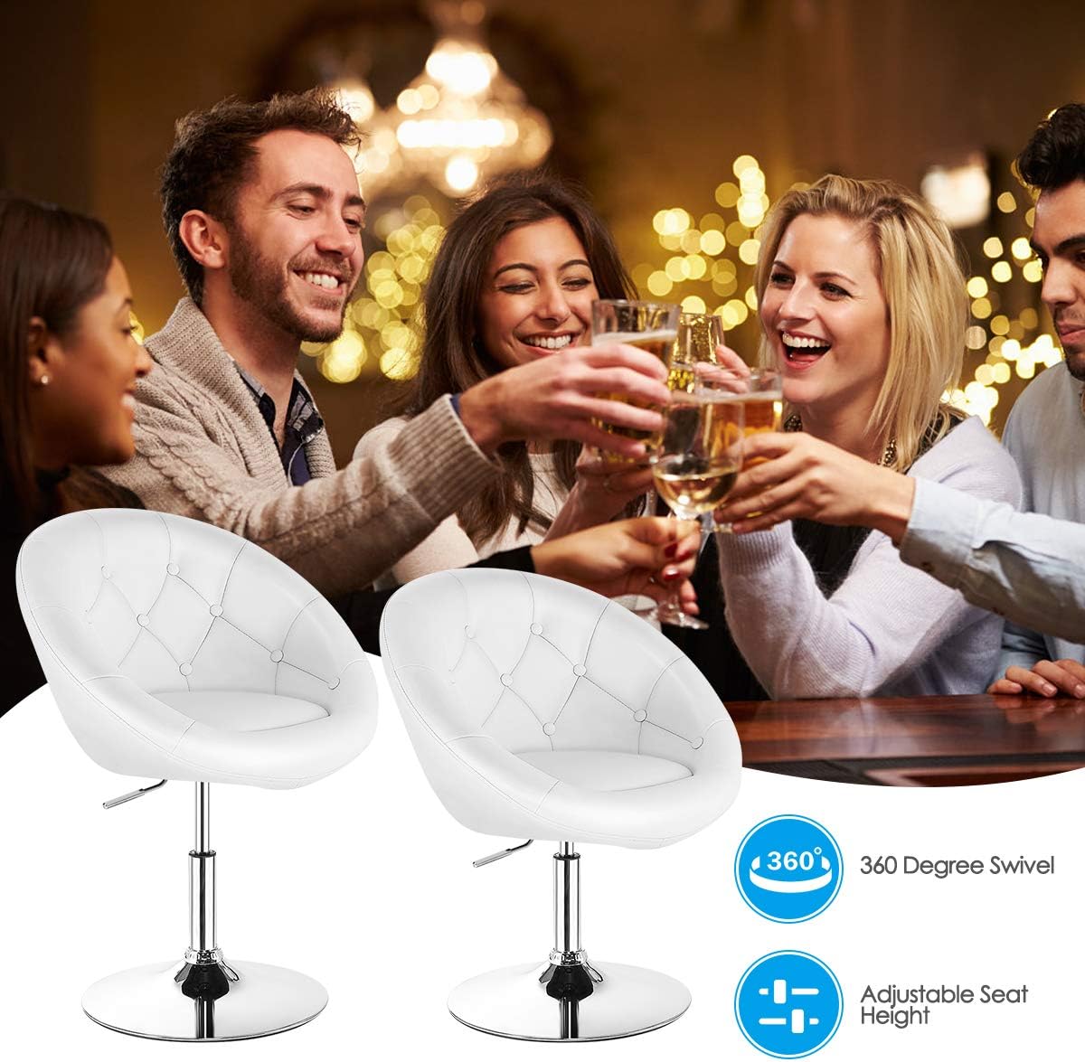 FFlyer Swivel Vanity Chair, Mid Century Modern Chair w/Height Adjustable & 360°Swivel, Contemporary Makeup Chair, PU Leather Round Tufted Back Chair for Living Room, Bedroom, Pub, Kitchen (1, White)