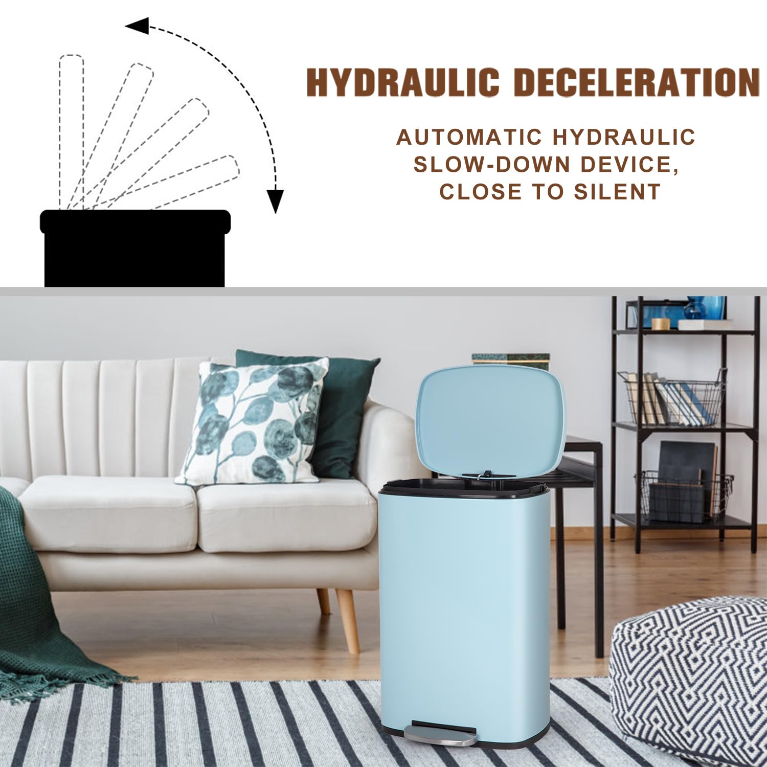 BestOffice 13 Gallon (50L) Trash Can with Soft-Close Foot Pedal, Fingerprint Proof Stainless Steel Can for Kitchen, Home, Office, Bedroom, Bathroom - Blue