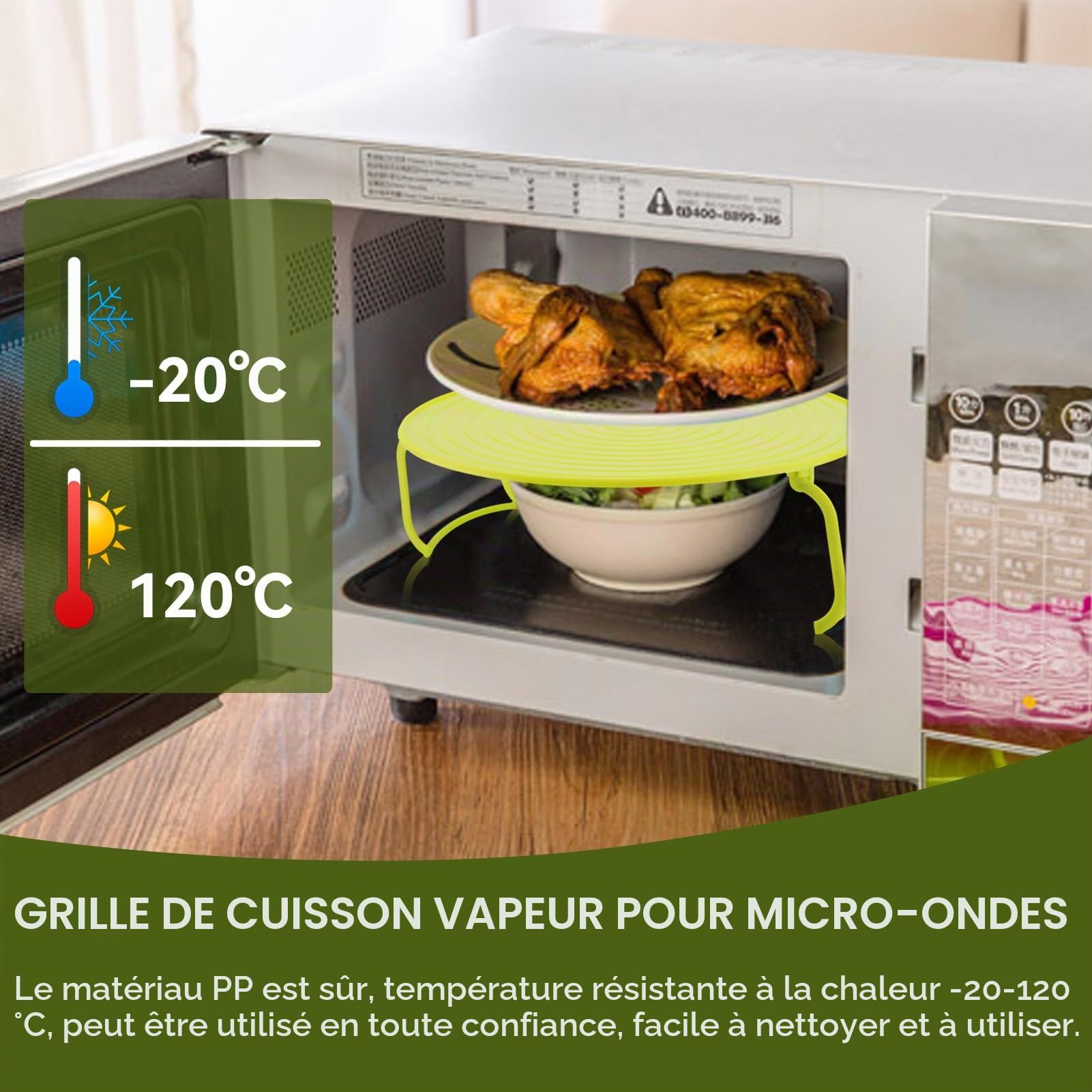 Cyrank Plateau de Grille à Micro-Ondes, Support de Plaque Multifonctionnel en Plastique, Support de Cuisson pour Four à Micro-Ondes Plateau de Cuisson à la Vapeur Pliable à Plusieurs Niveaux (Vert)