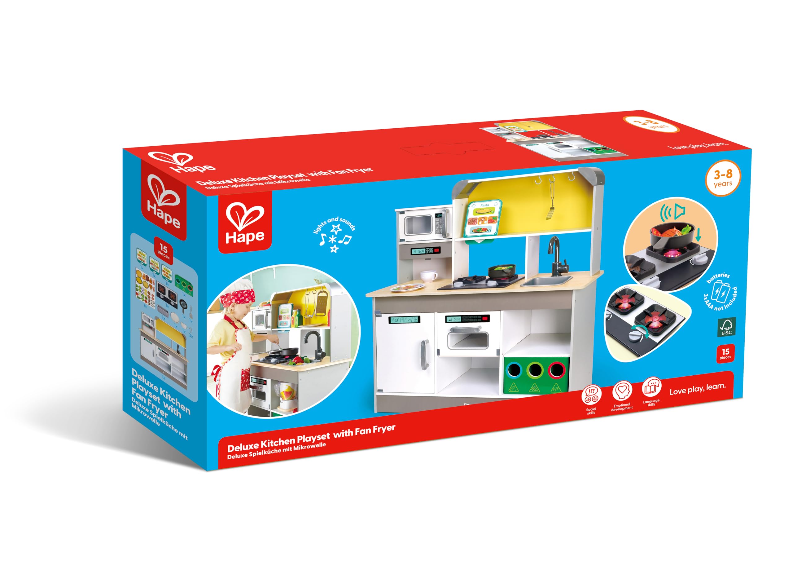 Hape Deluxe Spielküche mit Mikrowelle - Holz Kinderküche, Spielküche mit Zubehör, Herd, Backofen & Spüle, Fördert Rollenspiel & Kreativität, für Kinder ab 3 Jahren
