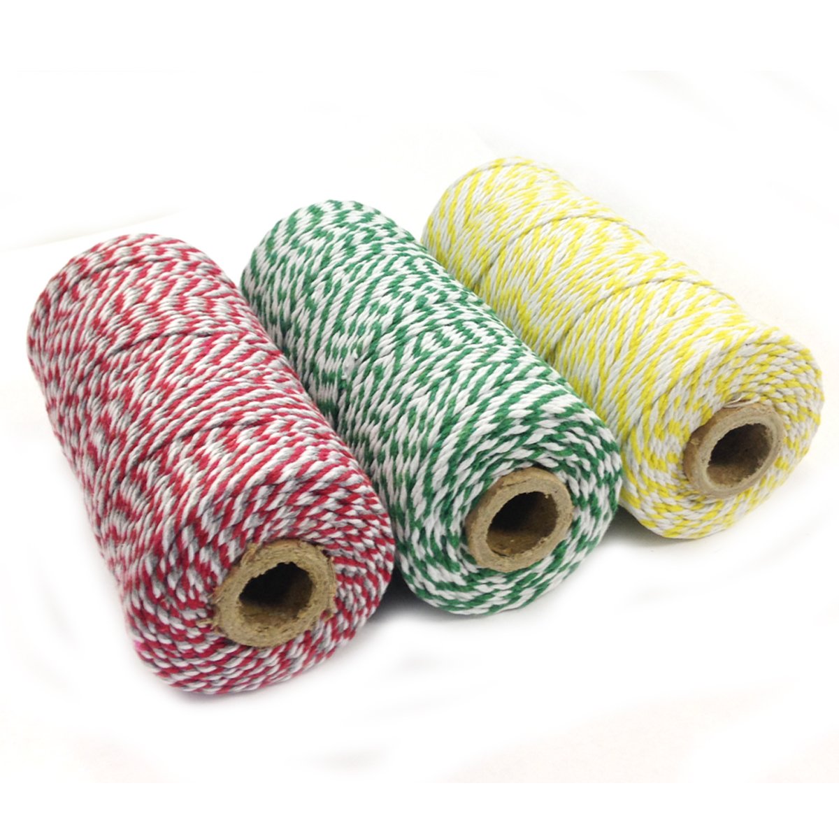 Wrapables Lot de 3 ficelles de Boulanger en Coton 12 Plis pour Emballage Cadeau et Loisirs créatifs - Bobine de 100 m - Jaune/Vert foncé/Rouge et Gris