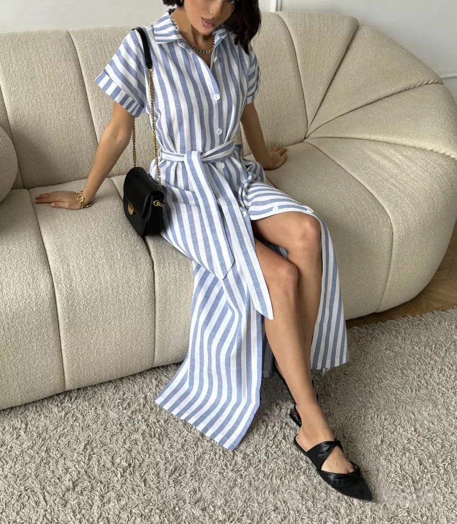 utcoco Women's 2025 Striped Short Sleeve Cotton Maxi Shirt Dress Belted Side Slit Button Down Dress with Pockets - Image 4