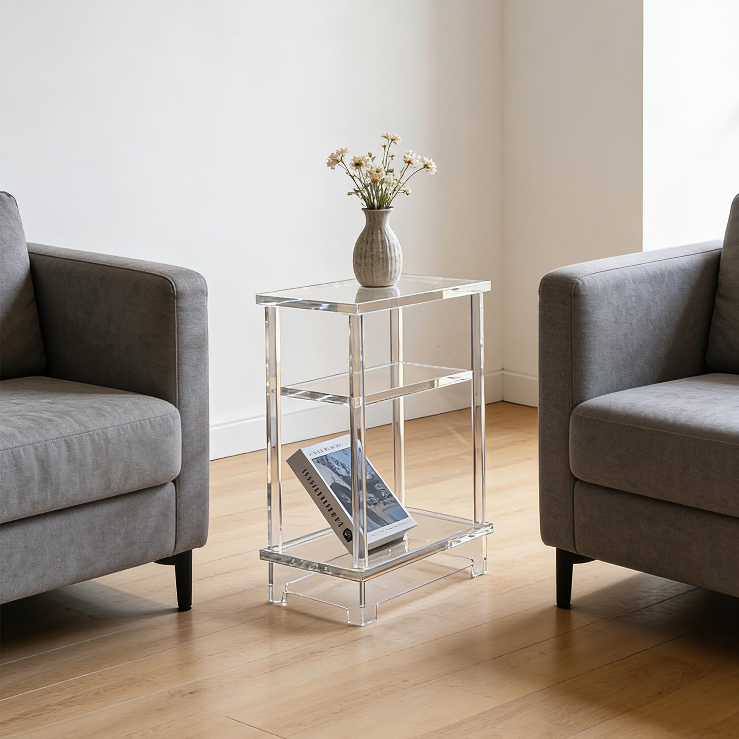 - Clear Acrylic End Table Narrow Nightstand with Shelf- Modern Side Table for Living Room, Bedroom, Home Office Storage, Small Space Furniture