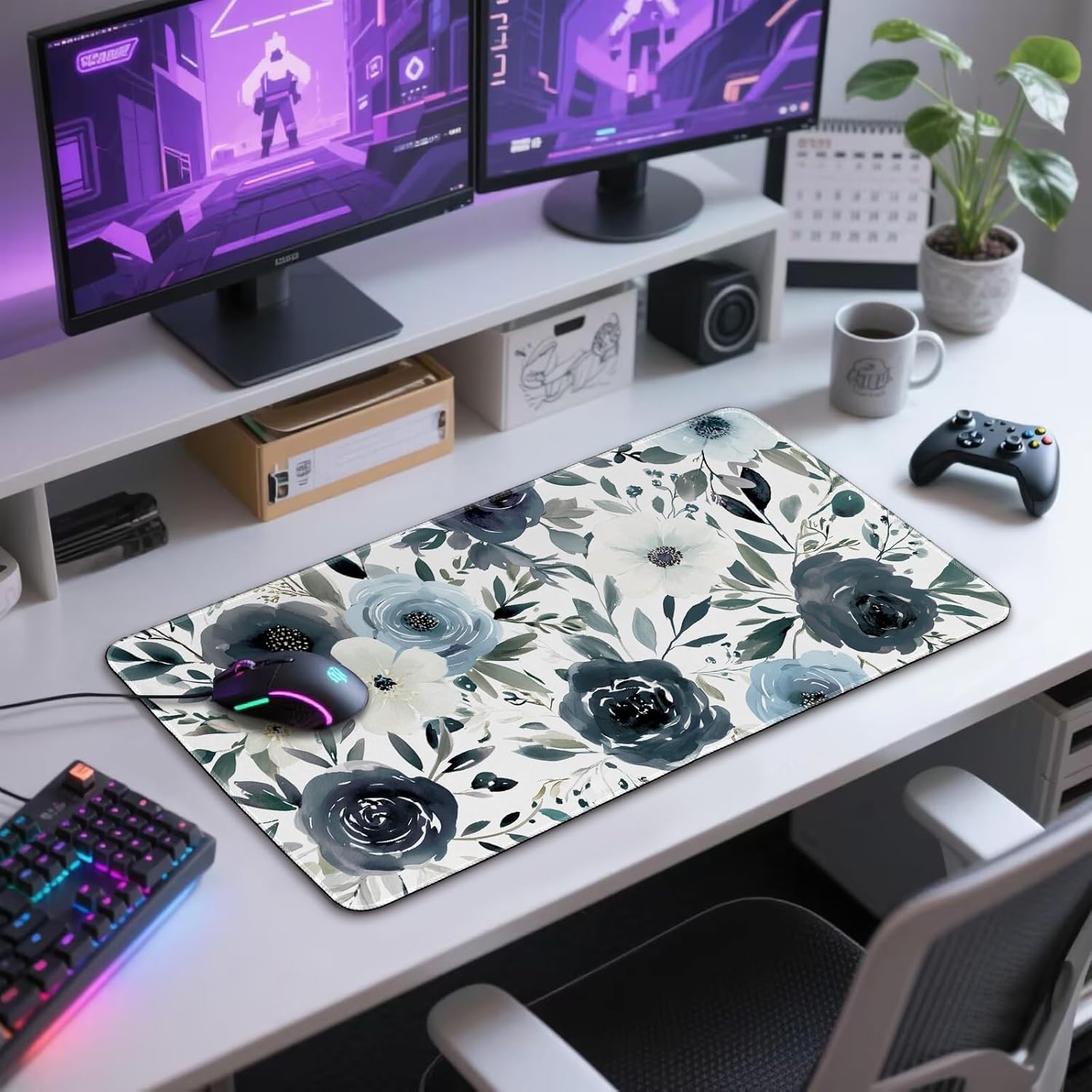 Large Gaming Mouse Pad 31.5x15.7 Inch, XXL Mousepad with Non-Slip Rubber Base & Stitched Edges, Extended Desk Mat for Computer/Laptop/Office/Home Navy Blue and White Watercolor Floral - Image 7