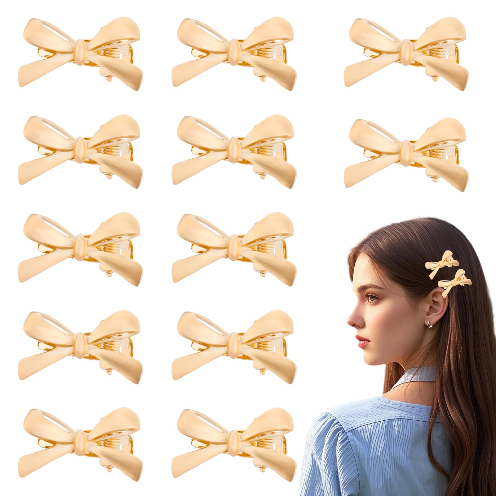 12uds Pinzas para el Pelo con Forma de Lazo para Mujer, Bonitas Pinzas para el Pelo con Forma de Lazo Mini Pasadores de Lazo Pinzas de Metal para Cabello Grueso Fino Liso y Rizado(Dorado)