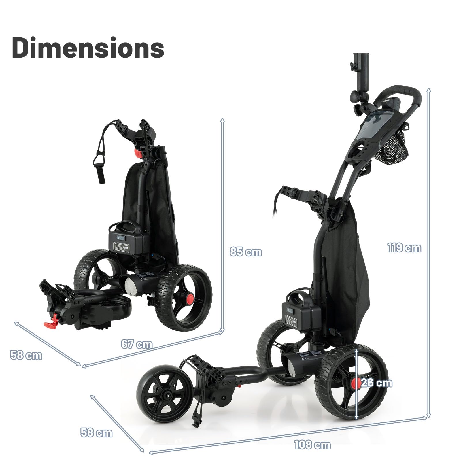 LIFEZEAL 3 Rad Elektrischer Golftrolley, Faltbarer Push Golf Trolley mit 9 Geschwindigkeitsstufen, Golfwagen Elektro mit Becherhalter, Kartenhalter und USB-Port