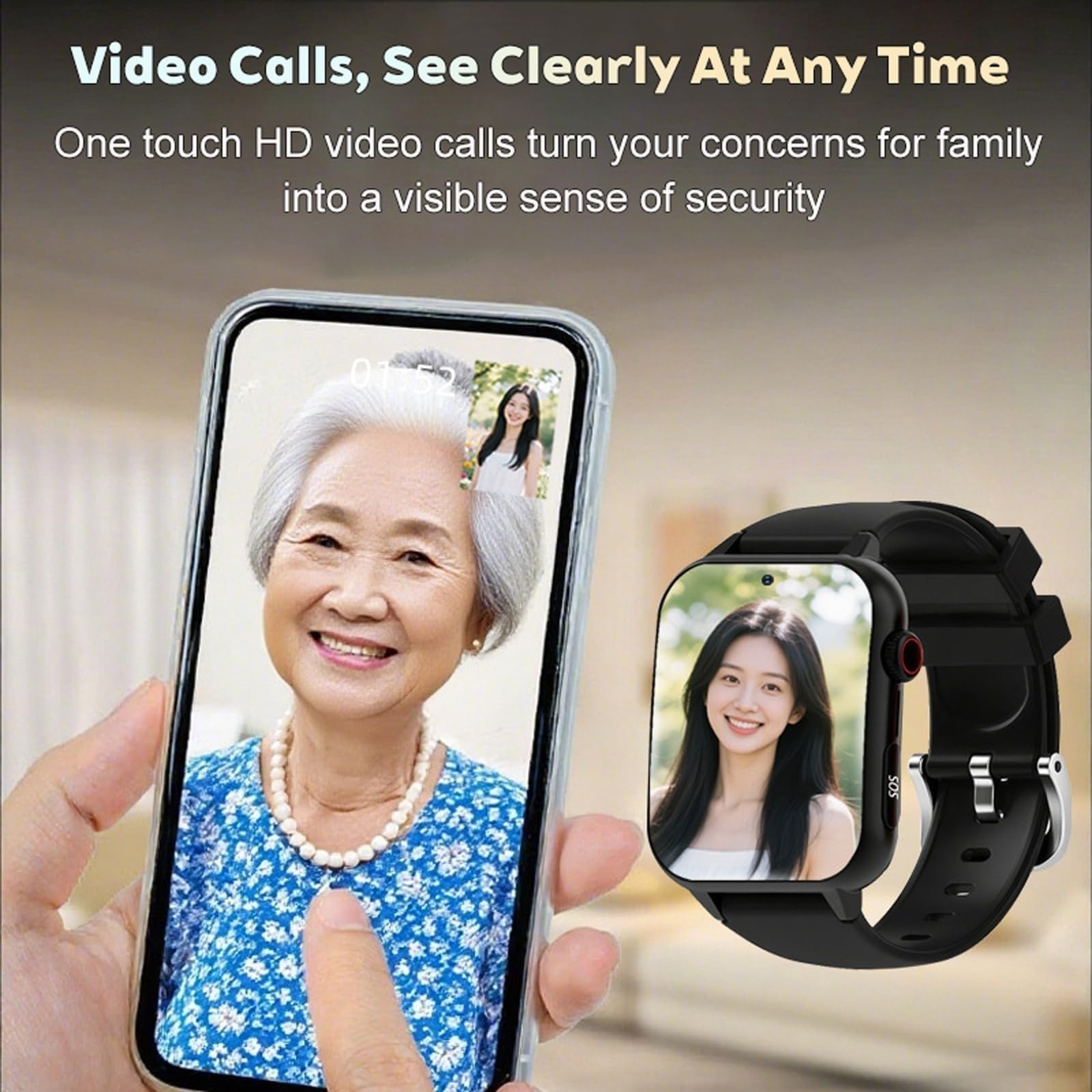 X&Z-XAOY Montre Intelligente pour Seniors Appel Vidéo HD Détection Chute GPS IP67 Waterproof Fall Alert Red