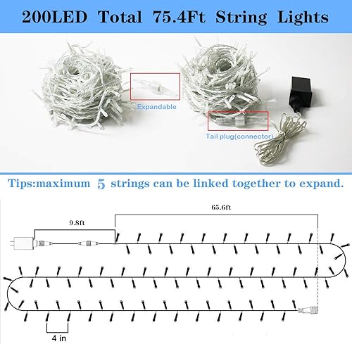 Miniatura 4 de YAOZHOU Guirnalda de luces de Navidad para interiores y exteriores, IP44, impermeable, 196.8 pies, 600 LED, 8 modos, luces de decoración de hadas
