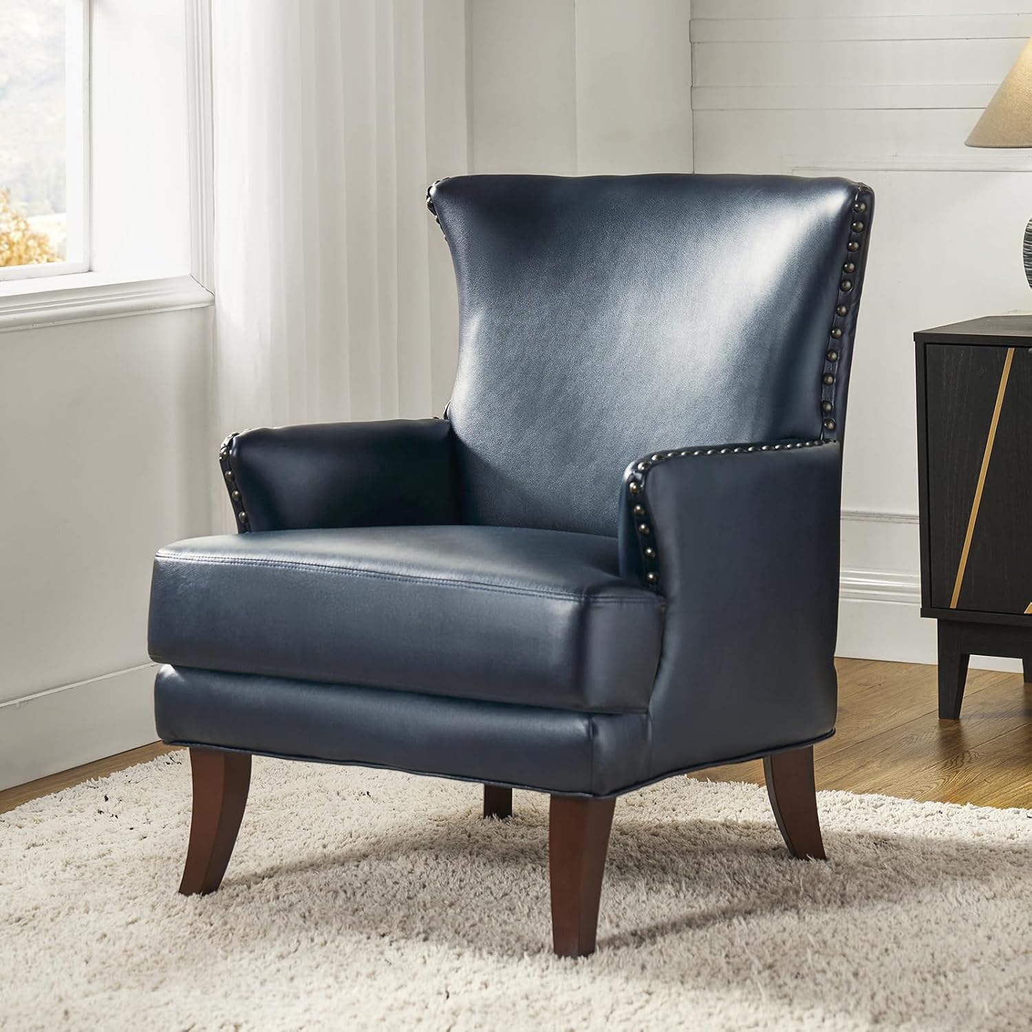 HULALA HOME Faux Leather Accent Chair with Arms for Living Room, Modern Leather Single Sofa Armchair with Nailhead Trim, Vegan Leather Wingback Accent Chair Lounge Sofa Chair, Navy