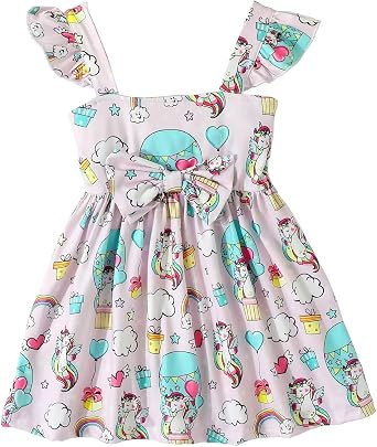 RETSUGO Toddler Girls Dresses Kids Summer Clothes Flutter Sleeve Birthday Party Bowknot Dress Casual Swing Sundress