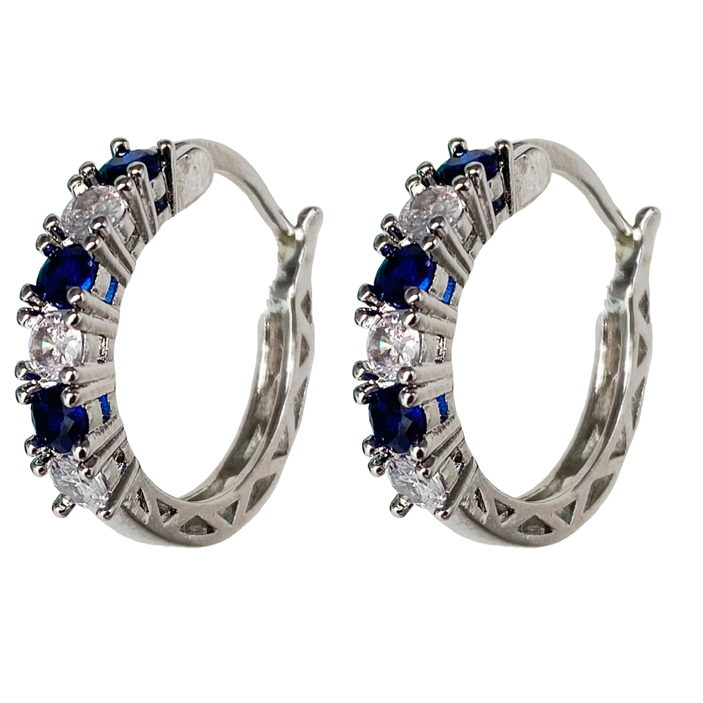 Aleah IP Jewelry – Aretes Arracada Plateadas con Zirconias Blancas y Zafiro • Acero Inoxidable Chapado Oro 18K • Hipoalergénicos • Regalo para Mujer