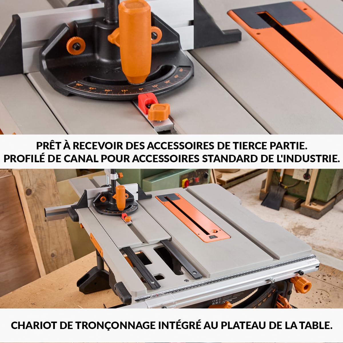 Evolution Power Tools R255TBL+ Scie De Table Rage 5-S Lame Multi-Matériaux 1800W Coupe Bois Métal Plastique Chanfrein 45° Onglet +/-60°