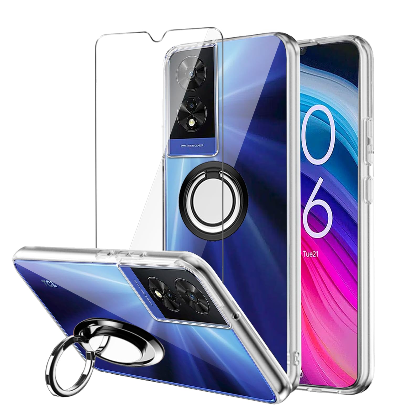 LYZXMYCase for TCL 505 (6.75") Clear phone case + 360° Rotating Ring Stand+ 1 pcs tempered Glass Screen Protector.