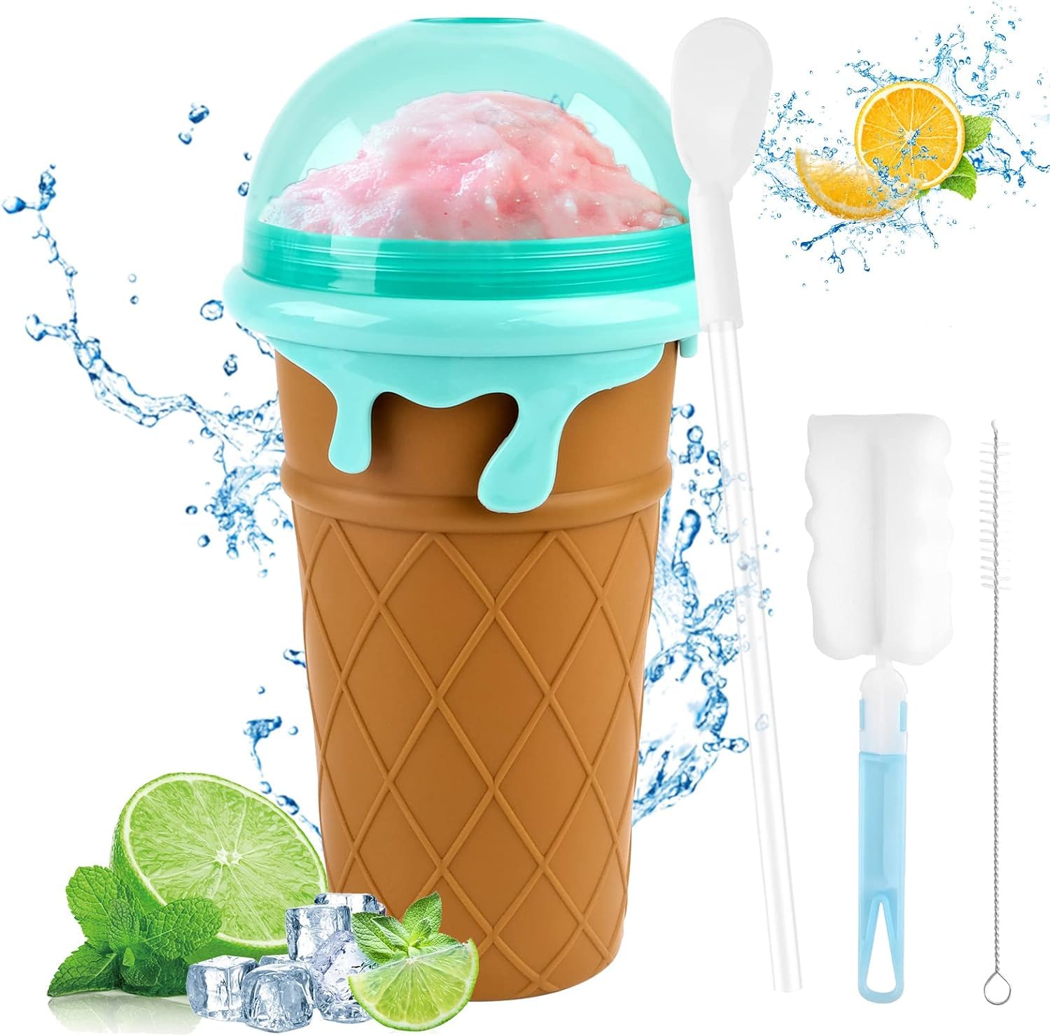 Slushy Maker, 500 ml Quick Frozen Slush Becher, Silikon Slush Eis Maschine mit 2 in 1 Strohhalm und Löffel, tragbarer Slushy Becher zum Kneten, Gefrorene Maker Smoothie Becher (Kaffee)