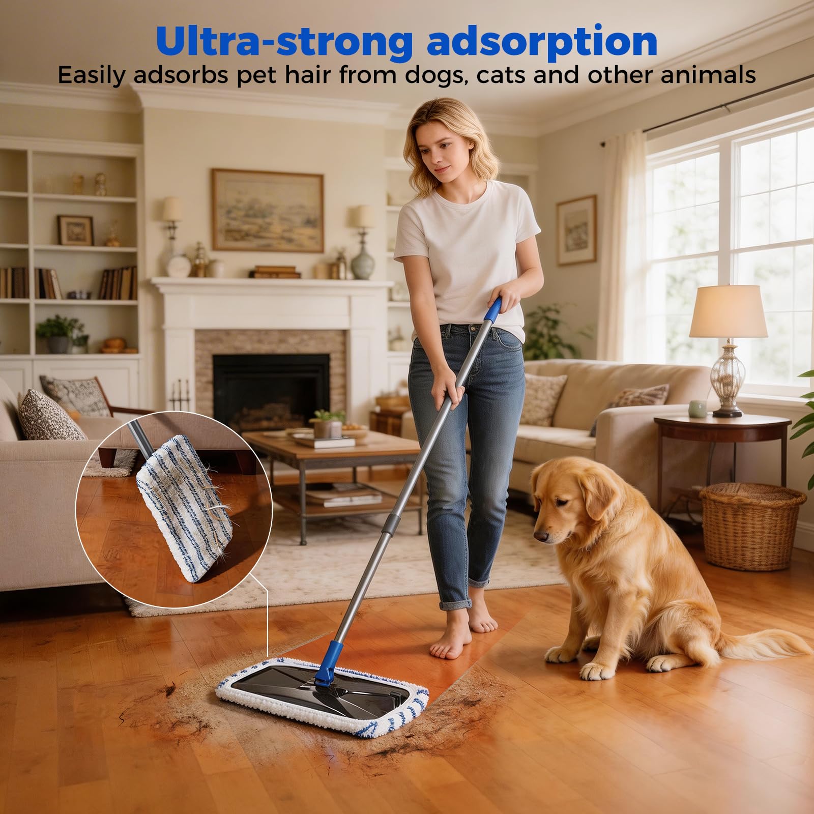 Masthome Mopa de Microfibra Extragrande para Limpieza de Suelos, mopa Plana de 16 Pulgadas con 5 recambios Reutilizables y Lavables para Uso en húmedo y seco, mopa de Polvo para Azulejos laminados de | Cabezal giratorio de 360 grados, raspador de limpieza