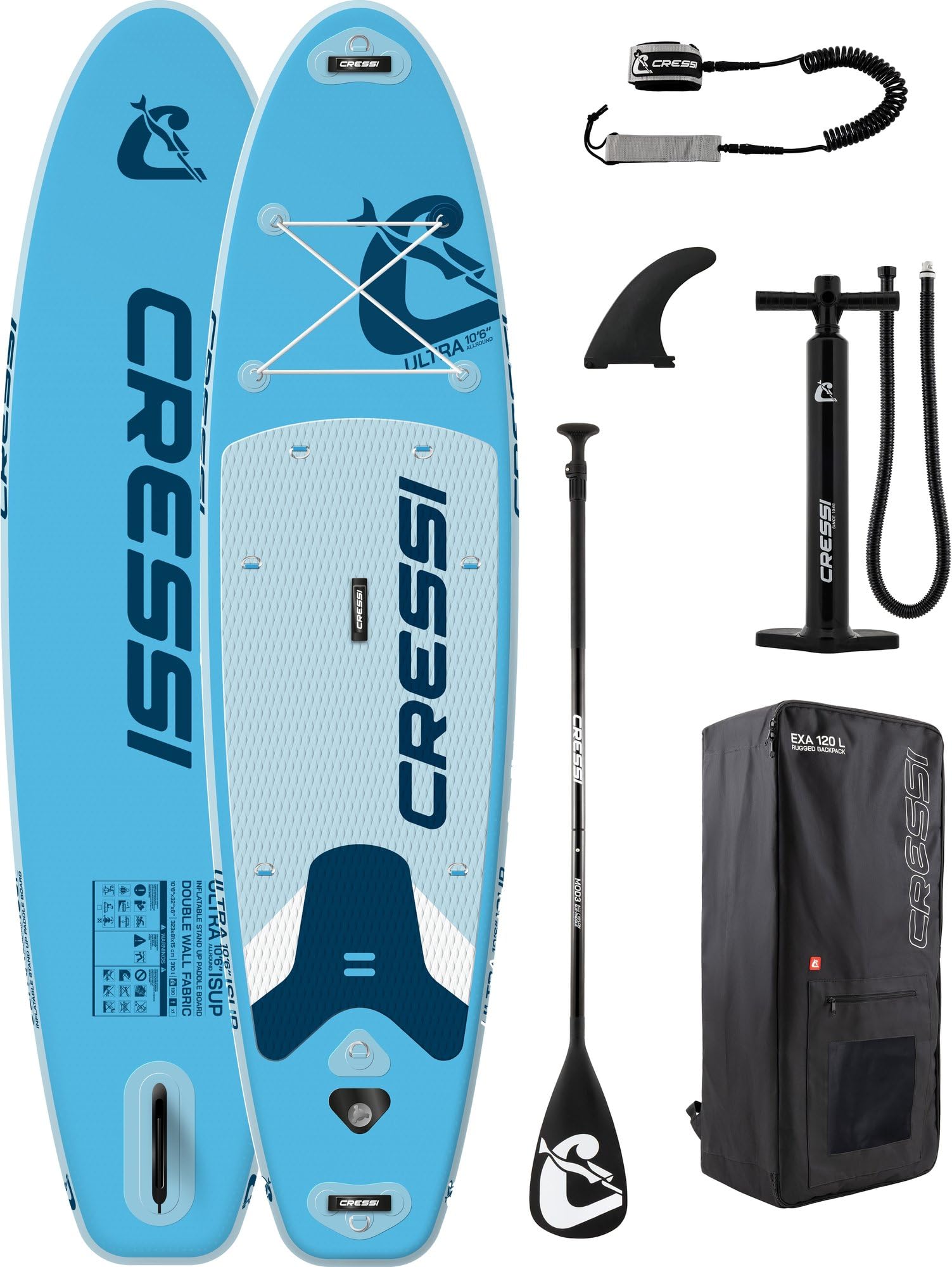 CRESSI since 1946 - Ultra Isup Set - Large Inflatable SUP Board for Adults Highly Stable and Durable Complete with Accessories Paddle Fin Pump Leash,Bag/Backpack - White/Blue_320x81x15 cm Max 130 kg