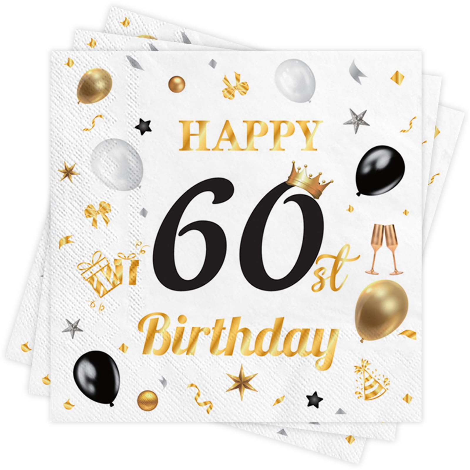 Wentsent White Gold 60th Birthday Paper Napkins, 40Pcs Happy 60th Birthday Party Paper Napkin Disposable,60th Birthday Serviettes Table Decoration for Men Women Her He 33x33cm